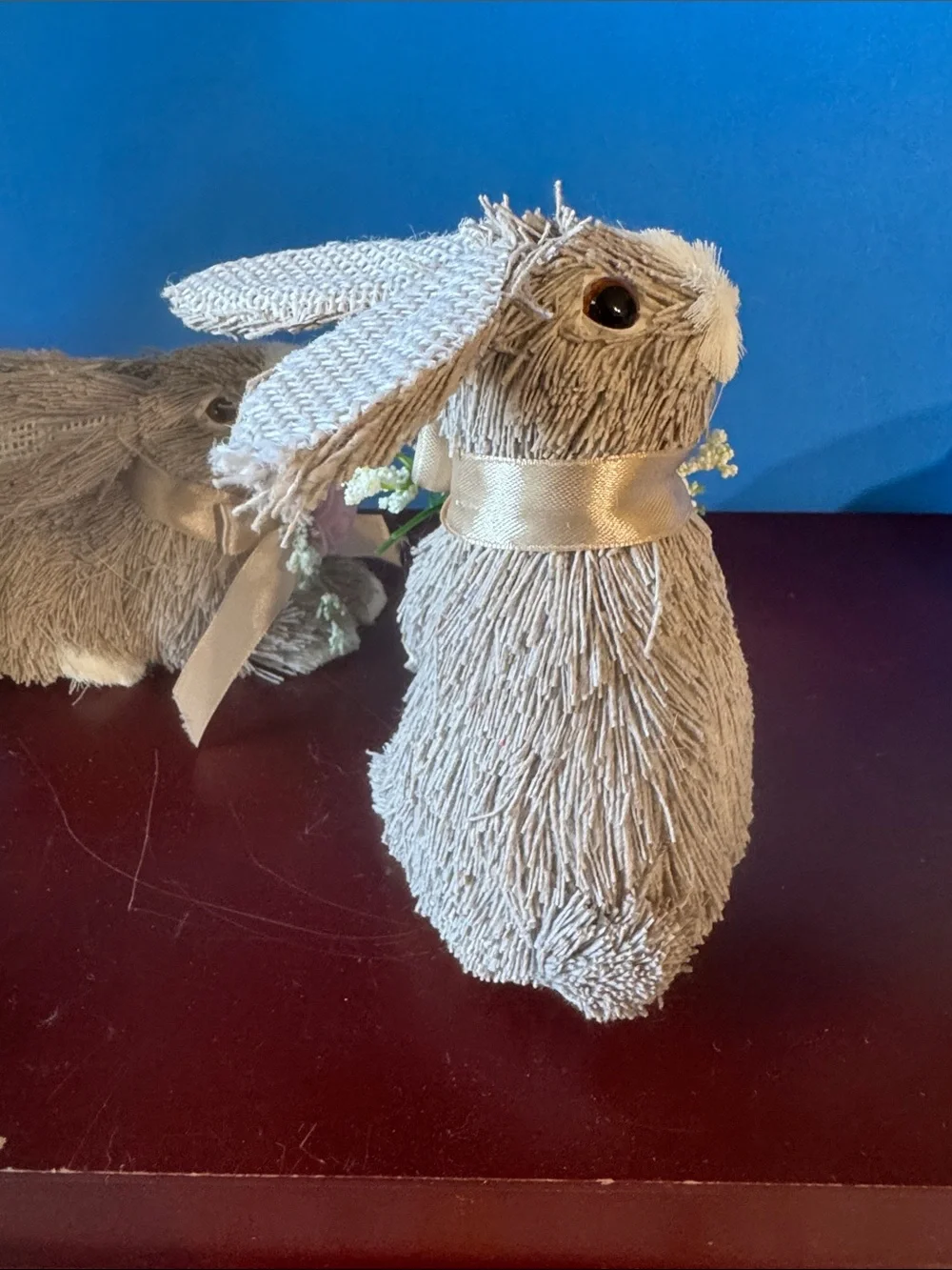 Pair of Easter Bunny Plush Figurines with Pink Rose Accents - Taupe